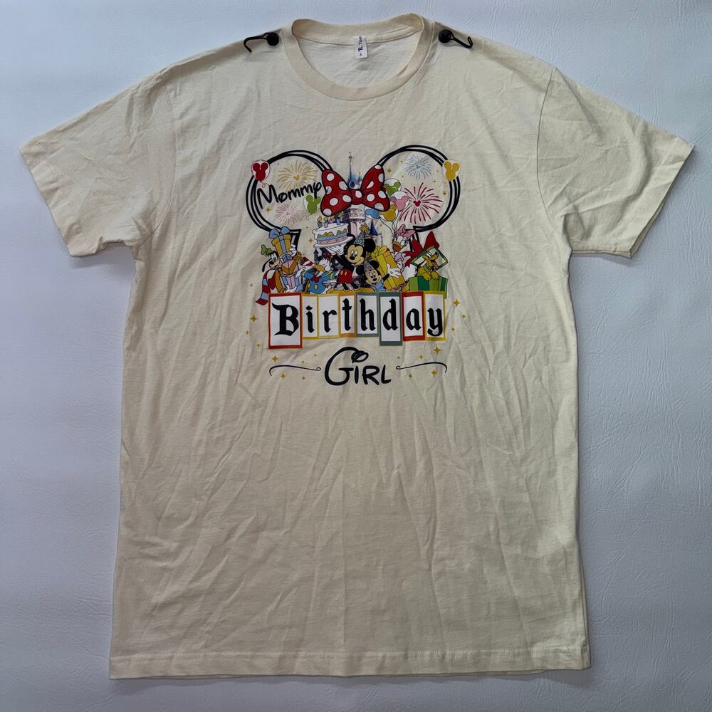 Disney Birthday Girl T Shirt Womens Large Off White Mickey Minnie Castle